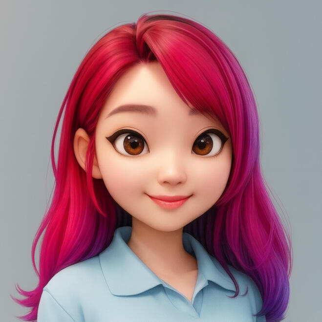 profile photo Stylized digital portrait, featuring a friendly expression, long dark hair, and a light blue collared shirt, set against a soft gray background with a circular frame.