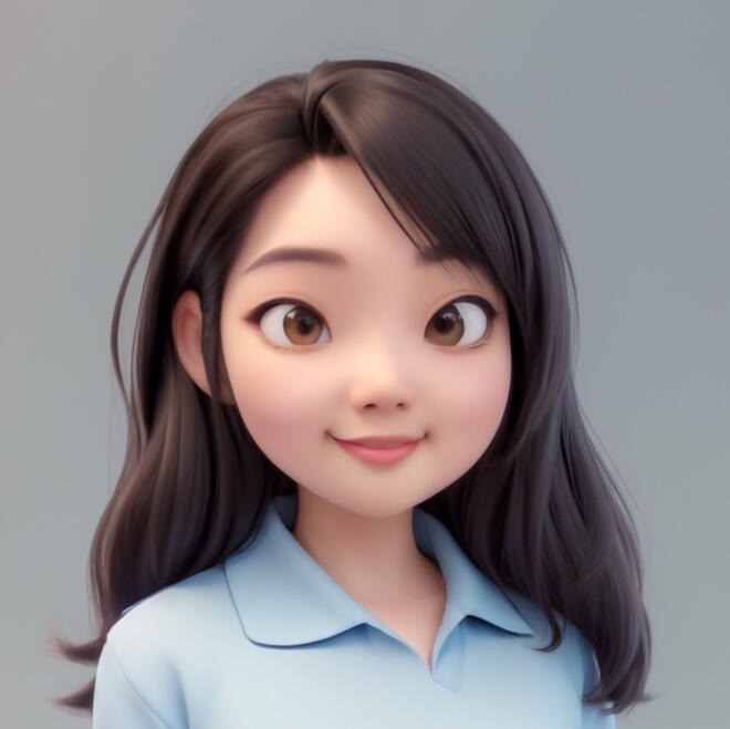 profile photo Stylized digital portrait, featuring a friendly expression, long dark hair, and a light blue collared shirt, set against a soft gray background with a circular frame.